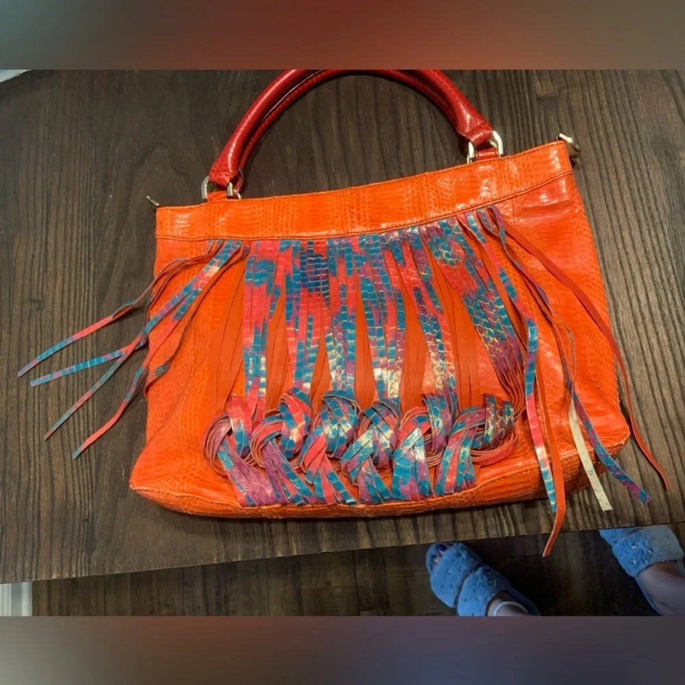 Y2k katherine kwei reptile skin bag Rare spring boho fringe orange blue spring